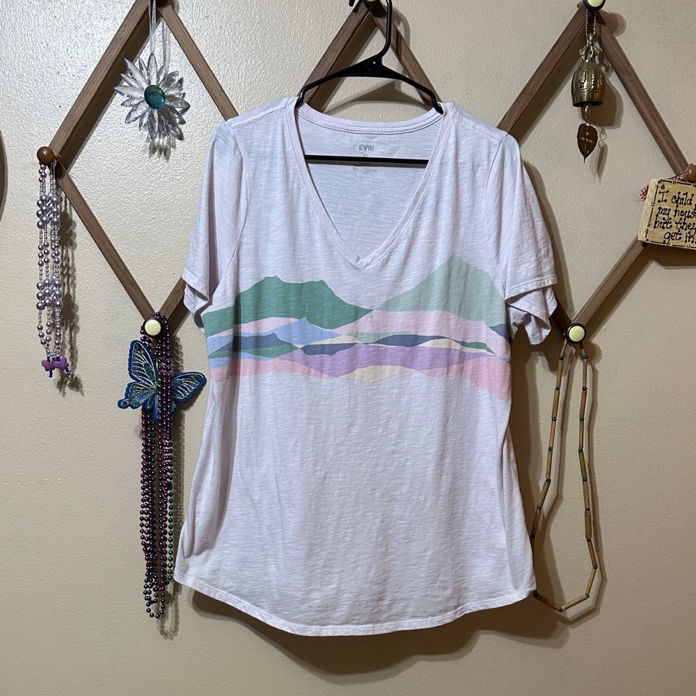 Women's Pink V-Neck Tee with Multicolor Stripes